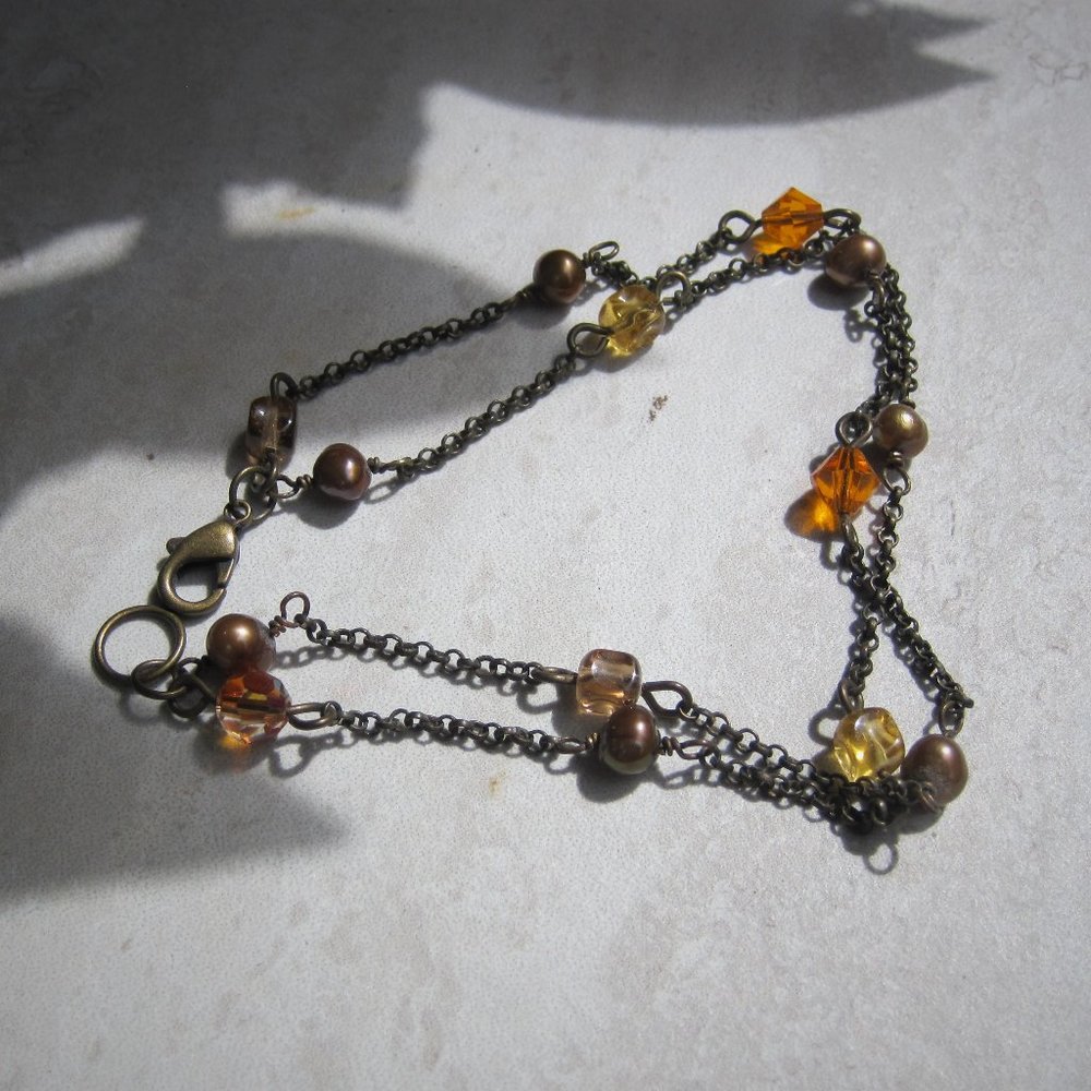Fall Colors Ankle bracelet 2 strand brass chain w/pearls & crystals